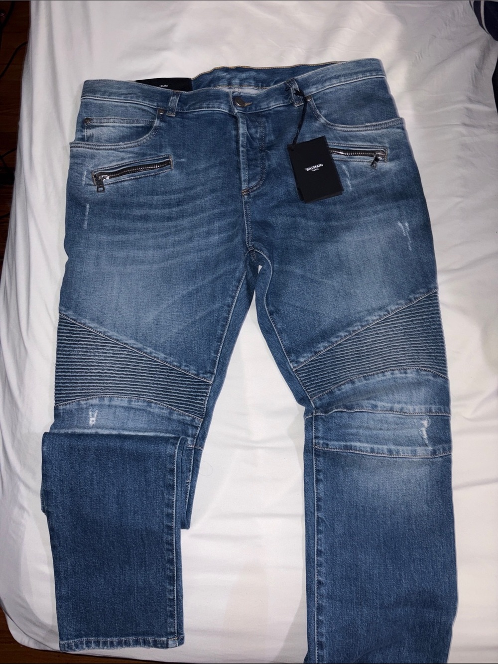 Balmain Blue Ribbed Moto Jeans